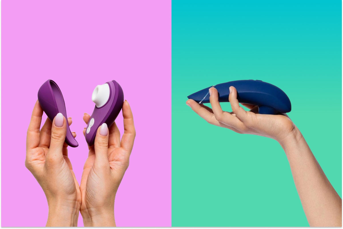 Hands holding two clitoral stimulators against purple and teal backgrounds, showing different shapes and sizes. Featured in a clitoral toy guide comparing popular suction toy designs.
