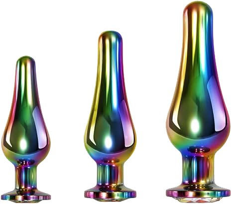 Set of three metallic rainbow anal toys with flared bases in small, medium, and large sizes, displayed against a black background.