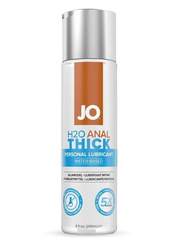 JO H2O Anal Thick water based personal lubricant in a white pump bottle with blue and orange label, displayed on a white background.