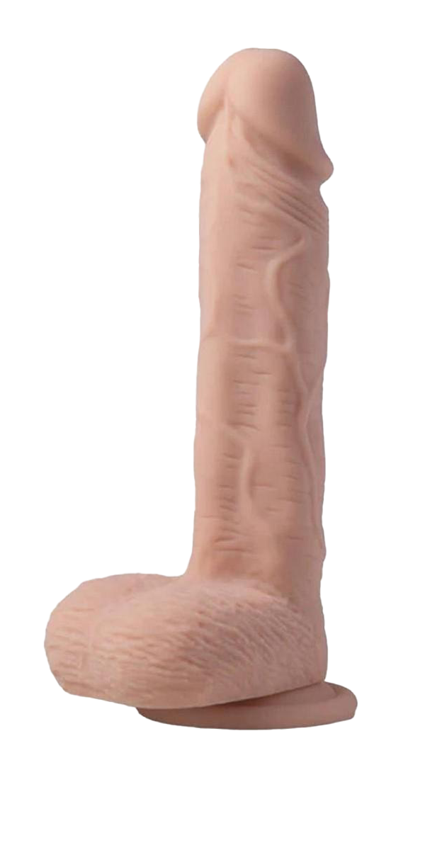 Flesh toned realistic dildo with a detailed shaft, pronounced head, textured base, and suction cup, displayed upright against a white background.