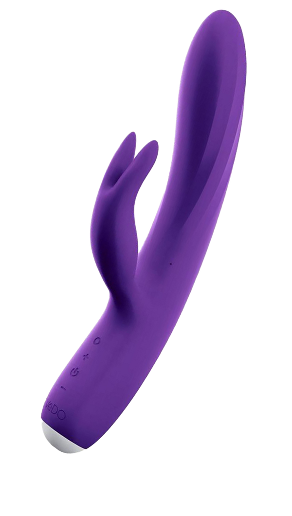 Purple rabbit style vibrator with a curved shaft and two smaller external stimulation arms. The silicone device is photographed against a plain background, showing the dual stimulation design commonly associated with vibrators.