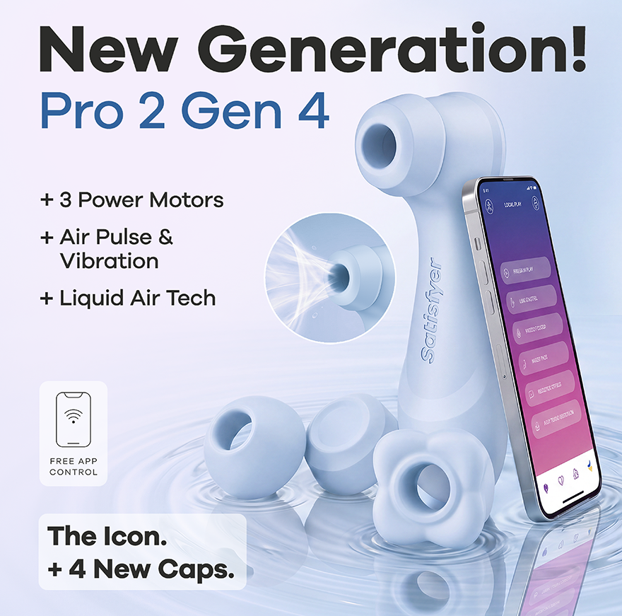 Satisfyer Pro 2 Generation 4 with its four caps and the Satisfyer Connect app