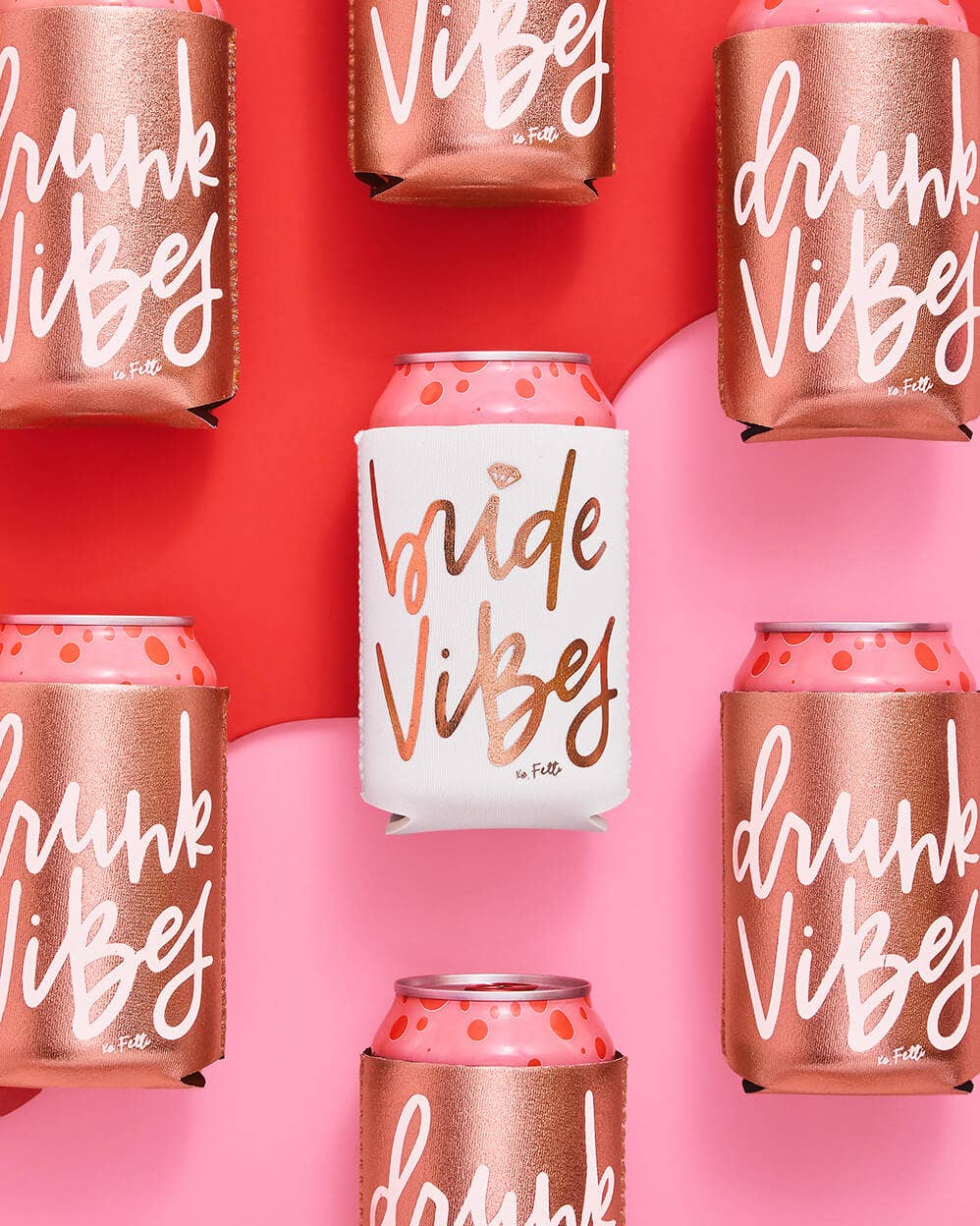 Rose gold and white neoprene Bride Vibes and Drunk Vibes drink sleeves