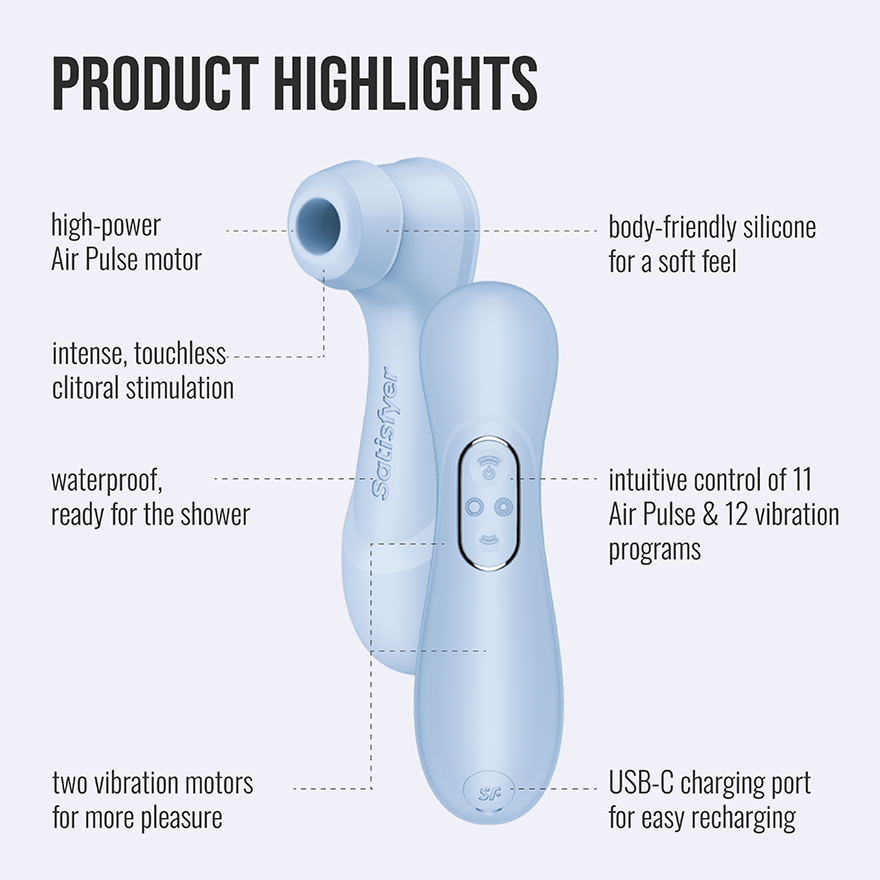 Satisfyer Pro 2 Generation 4 in light blue with product highlights