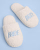 Cream faux fur slippers with Bride embroidered in powder blue
