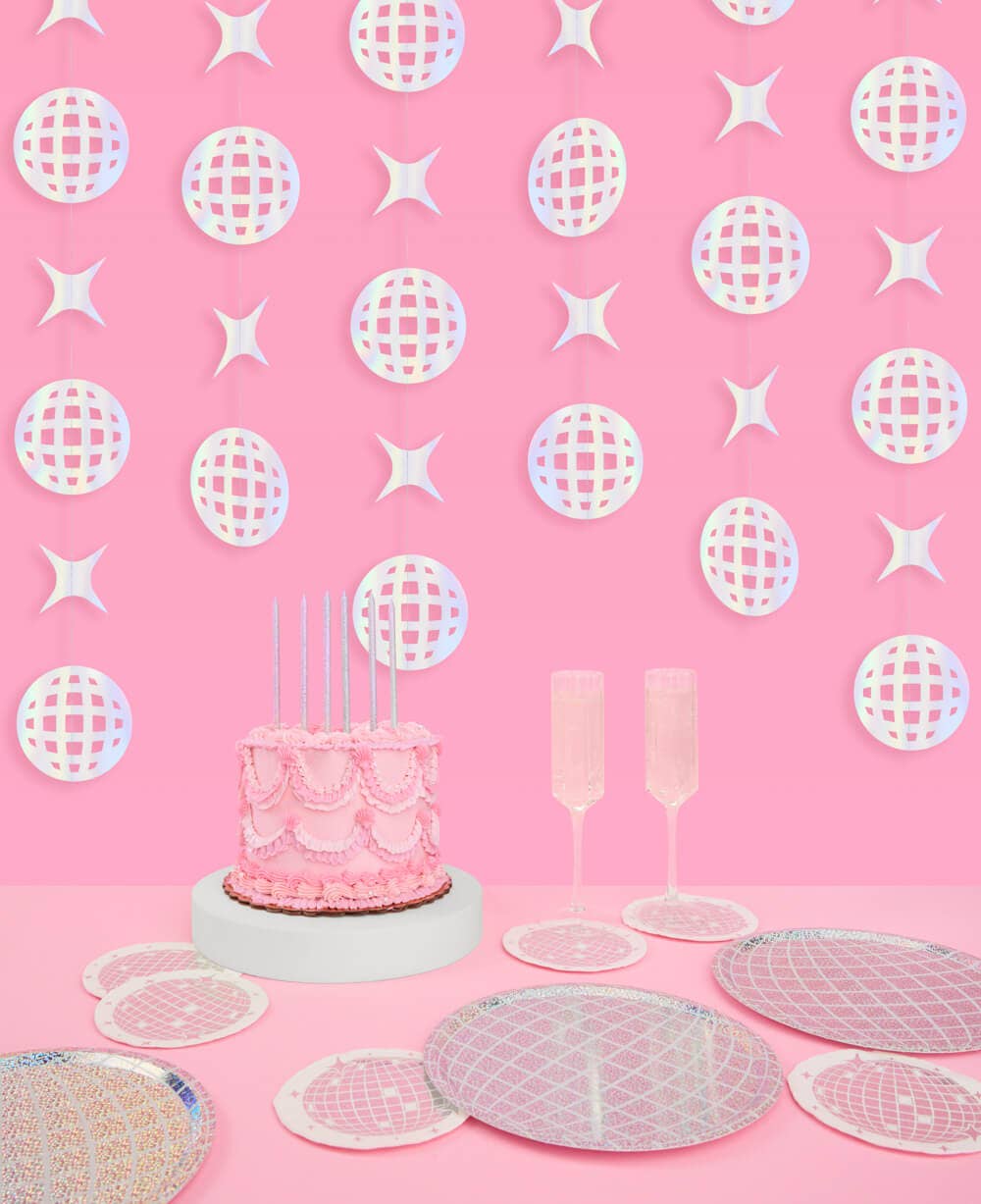 Iridescent paper foil disco ball and sparkle garland