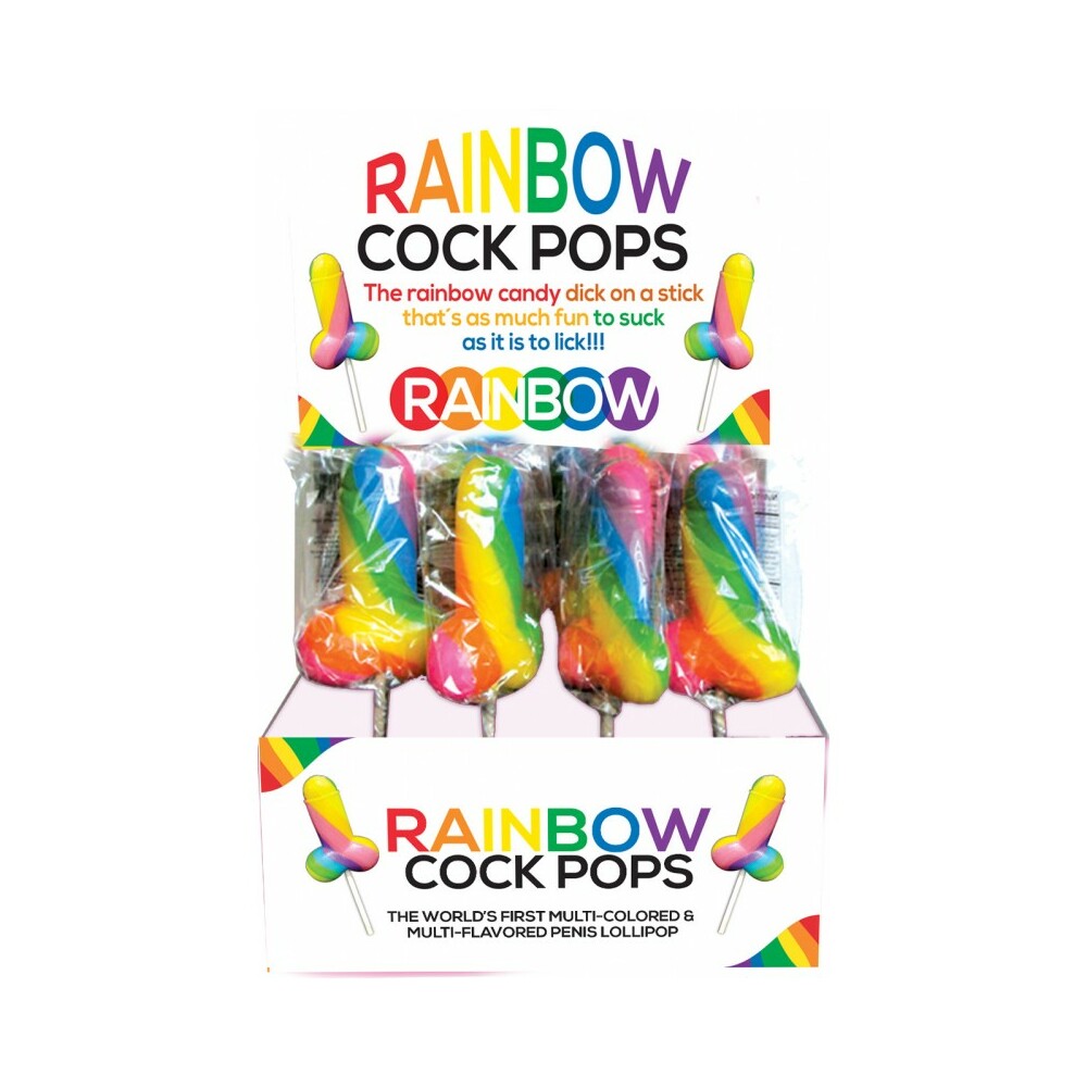 Rainbow Cock Pops counter display box holding individually wrapped penis lollipops