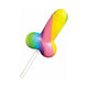 Rainbow-striped penis-shaped lollipop on a white stick, angled side view