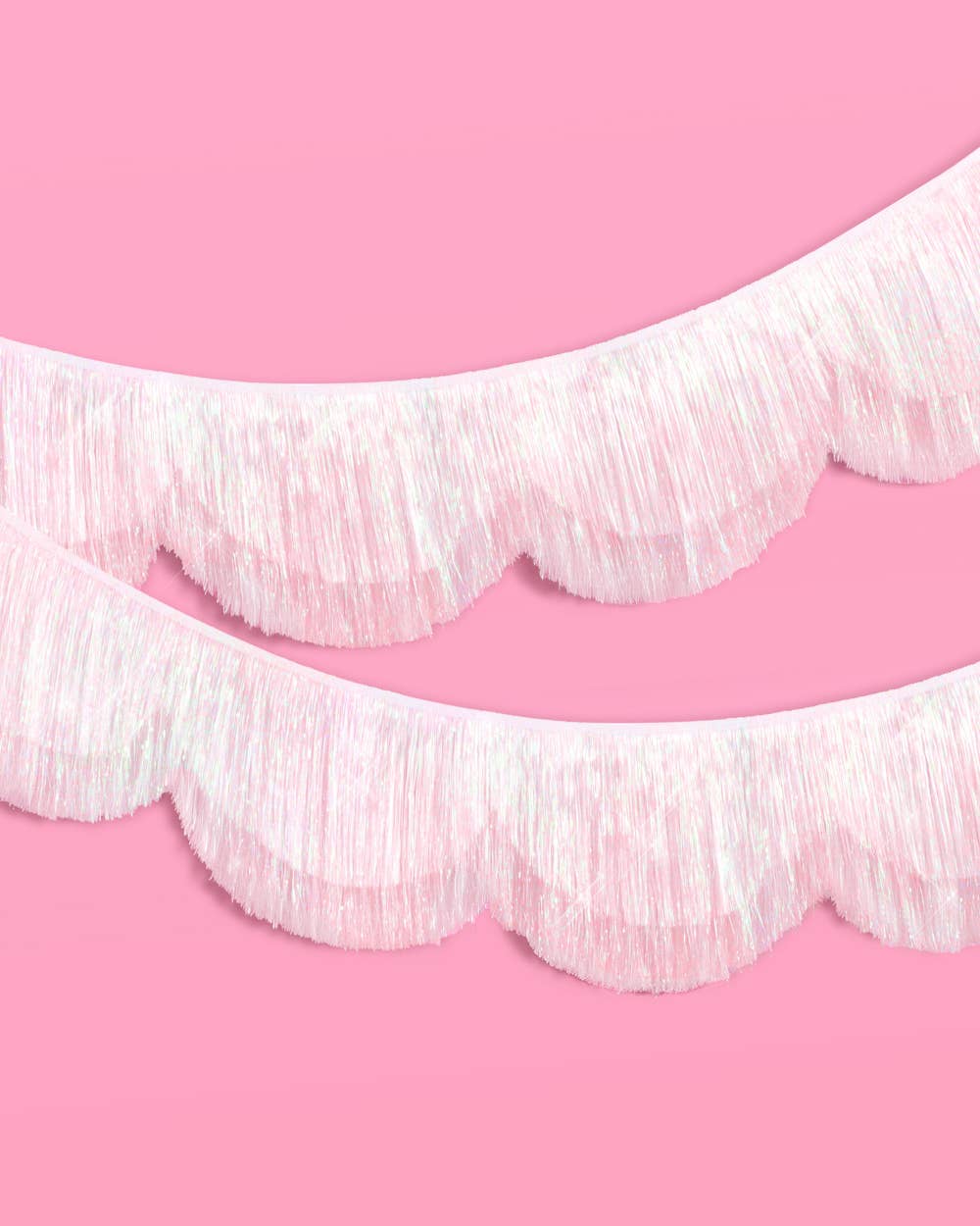 White iridescent double layer scallop fringe banner