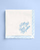 White lace trimmed handkerchief with bold blue embroidered lettering