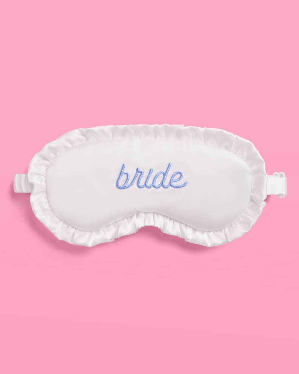 White satin ruffled sleep mask with blue bride embroidery