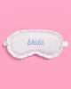 White satin ruffled sleep mask with blue bride embroidery