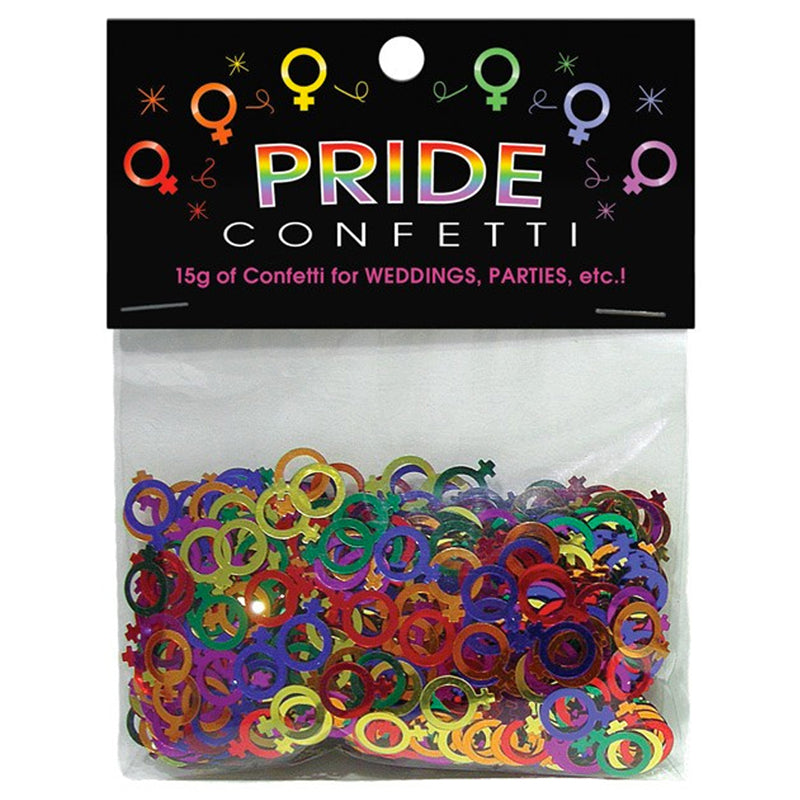 Clear bag of rainbow metallic female-symbol confetti under a black Pride Confetti header card, front view