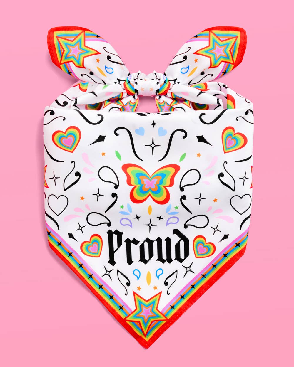 Rainbow Pride headscarf printed with hearts, stars, and butterflies on white