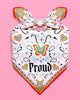 Rainbow Pride headscarf printed with hearts, stars, and butterflies on white