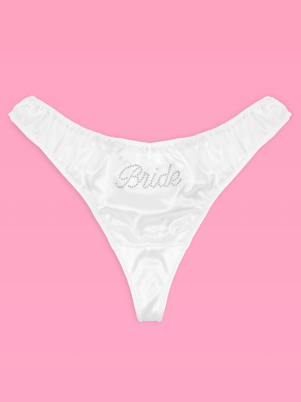 Ivory satin bride thong with rhinestone Bride script detail