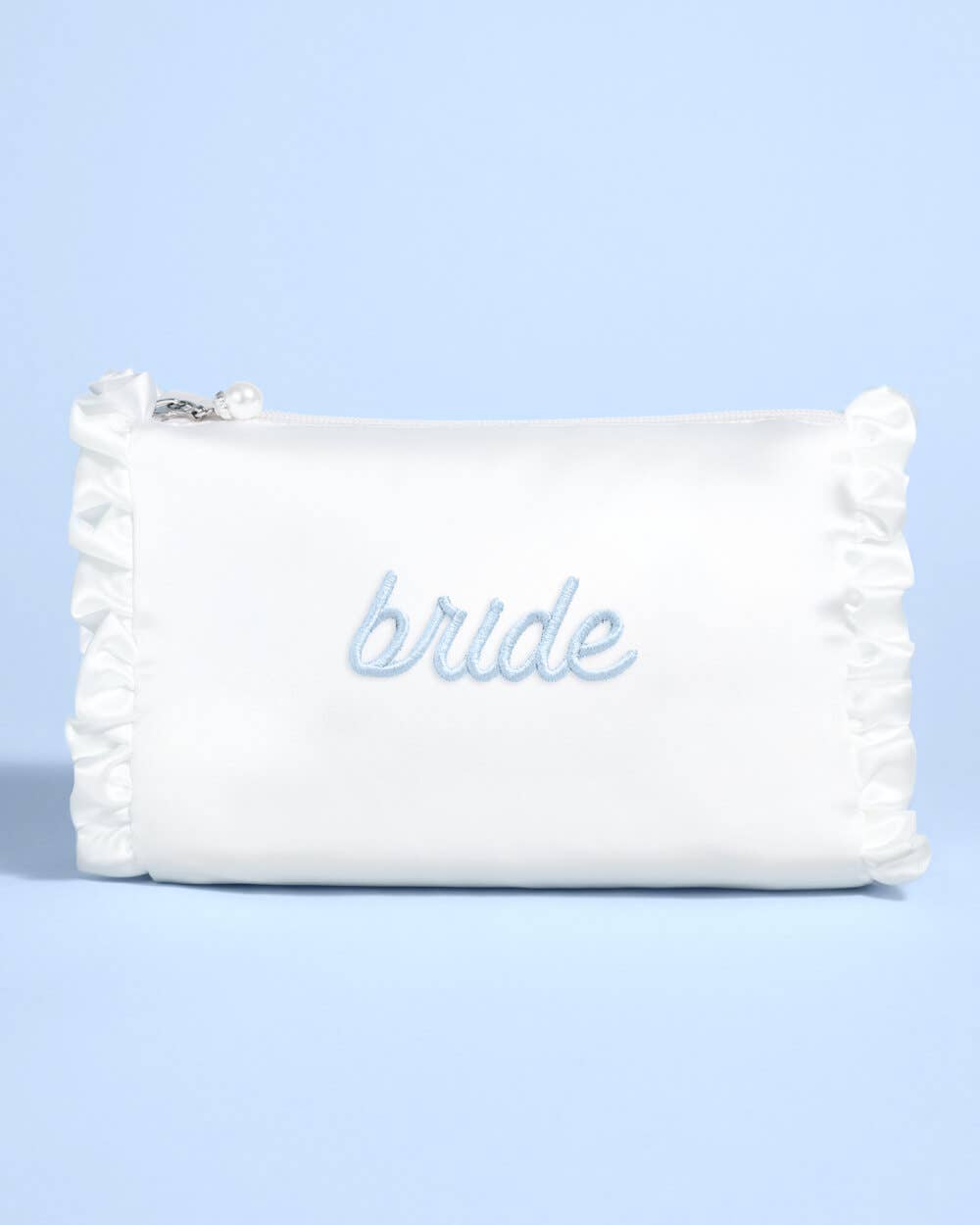 White satin cosmetic bag with blue Bride embroidery and pearl zipper pull