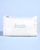 White satin cosmetic bag with blue Bride embroidery and pearl zipper pull