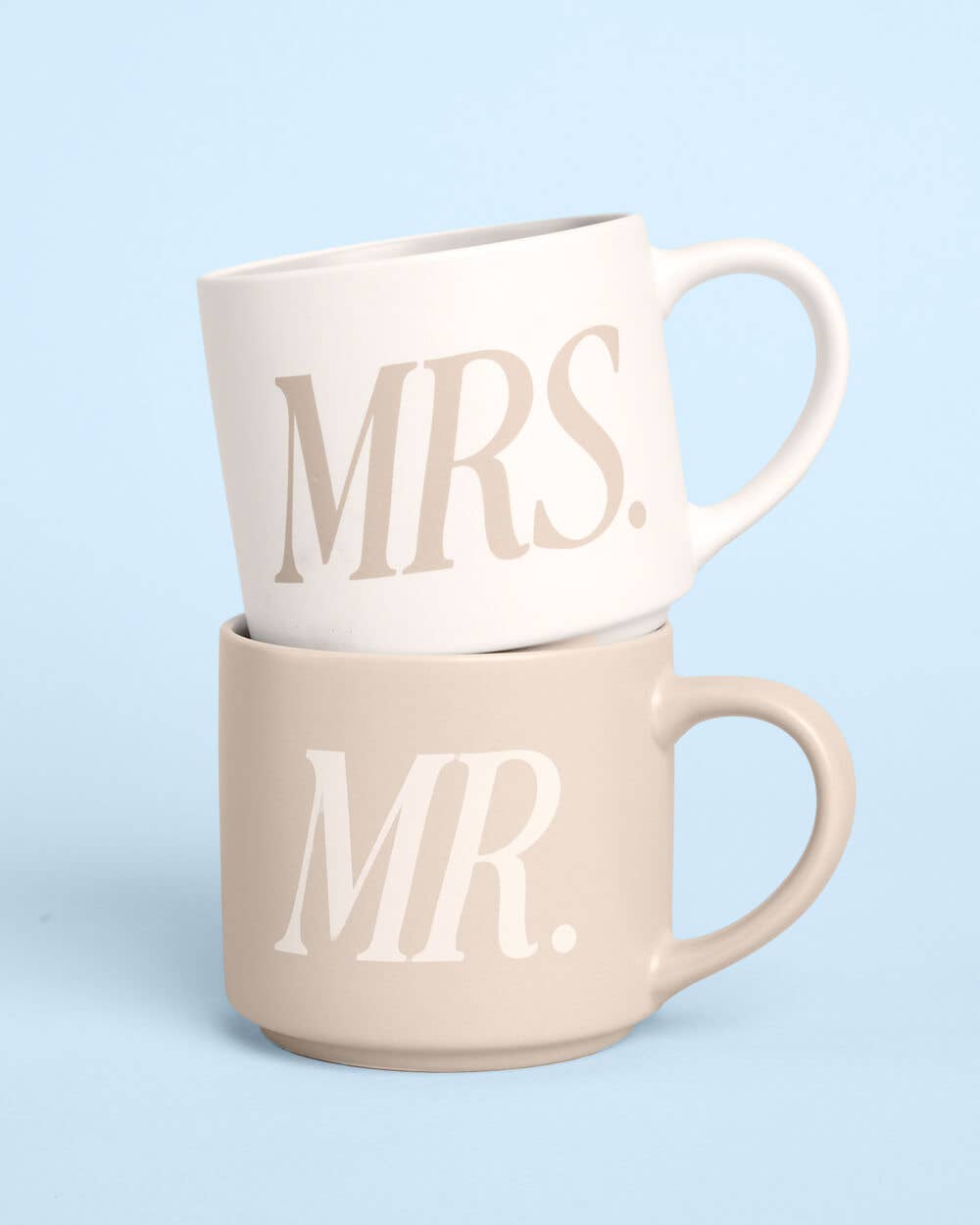 Matte tan and cream Mr and Mrs bone china mug set with serif lettering