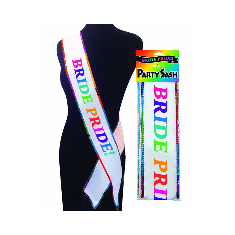 White Bride Pride sash with rainbow lettering worn on a black dress form, shown beside its rainbow header-card package