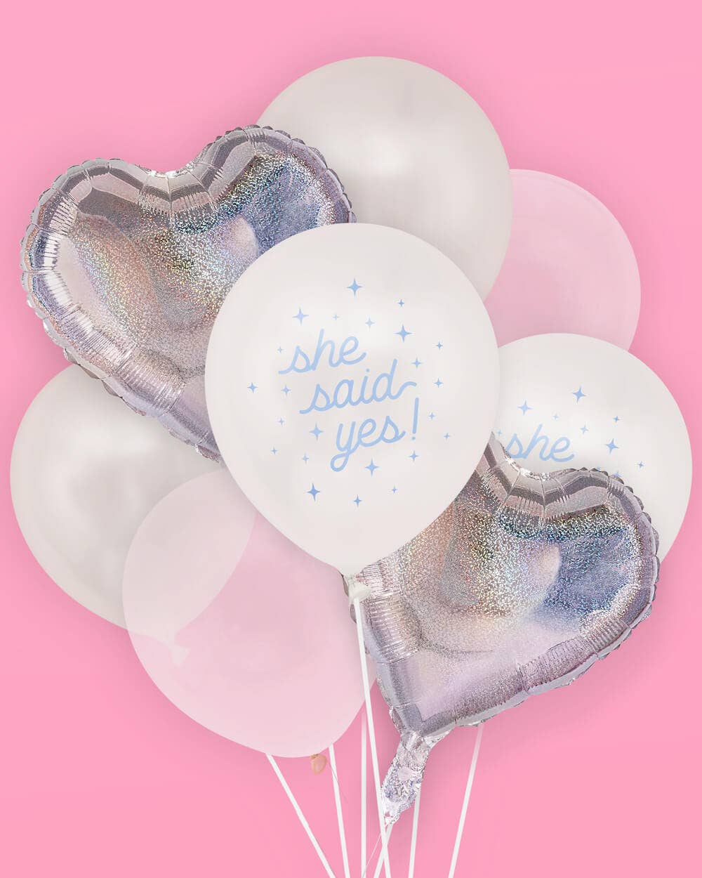 Engagement balloon set in matte white, iridescent foil hearts, clear, and pearl
