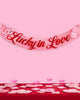 Pink iridescent fringe banner with red foil Lucky in Love lettering
