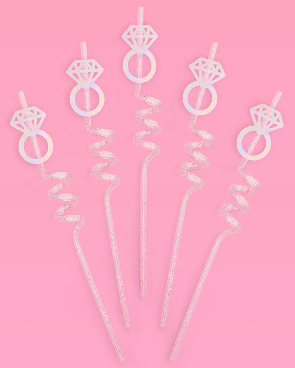 Clear swirl straws with iridescent acrylic diamond ring toppers
