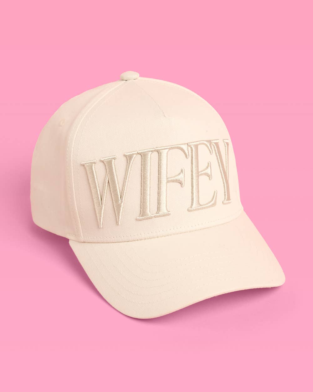 Ivory cotton trucker hat with tonal wifey embroidery