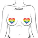Rainbow GAY AF heart pasties shown on a line-drawn torso, front view