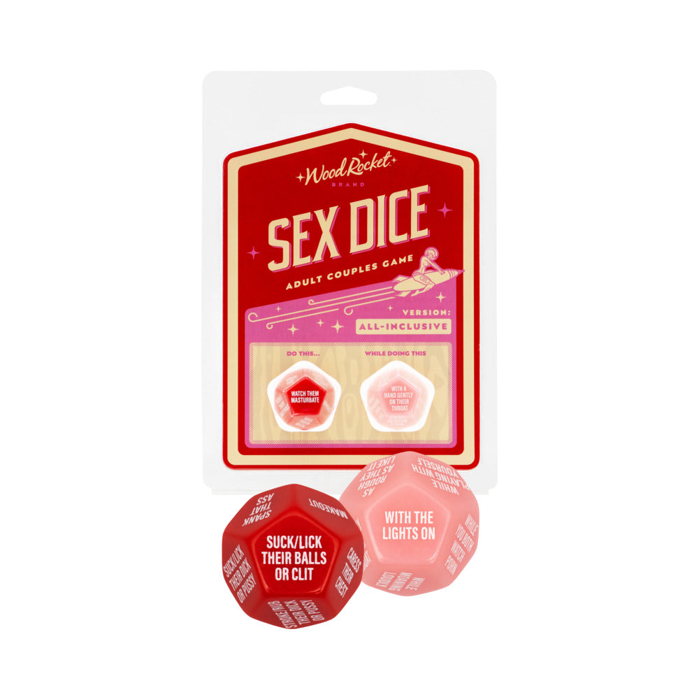 Sex Dice All-Inclusive red and pink 12-sided dice in front of the Wood Rocket blister card