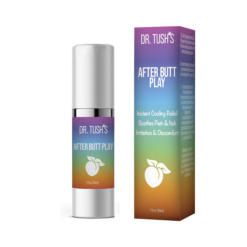 Dr. Tush's After Butt Play bottle standing beside its rainbow Pride box