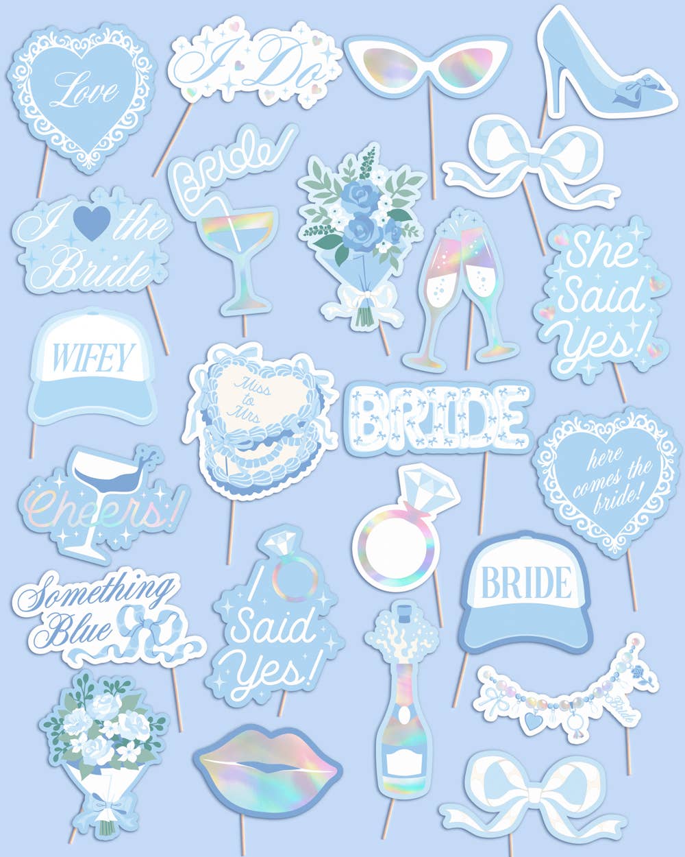 Blue and white bridal photo booth props with iridescent foil accents