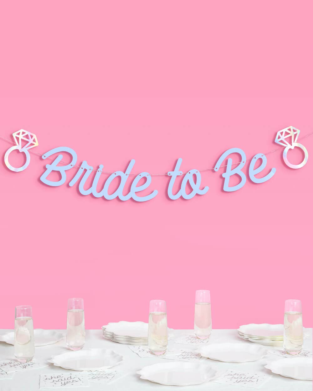 Light blue Bride to Be banner with iridescent foil diamond ring accents