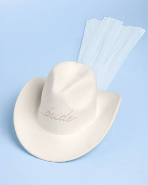 Bride Ivory Felt Cowgirl Hat with Veil
