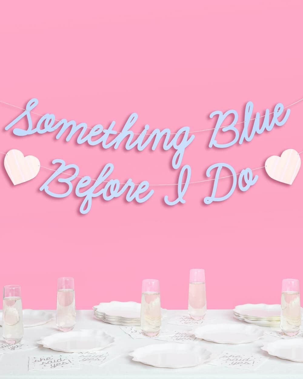 Matte blue Something Blue Before I Do cursive banner with iridescent foil hearts