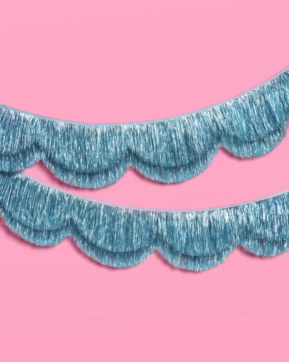 Double layer iridescent blue scallop fringe banner with ribbon ties