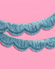 Double layer iridescent blue scallop fringe banner with ribbon ties