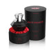 Black Diamond bottle resting in its open black case with red satin lining