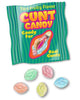 Cunt Candy 5 piece packet in green striped wrapper with tart pastel vagina shaped candies