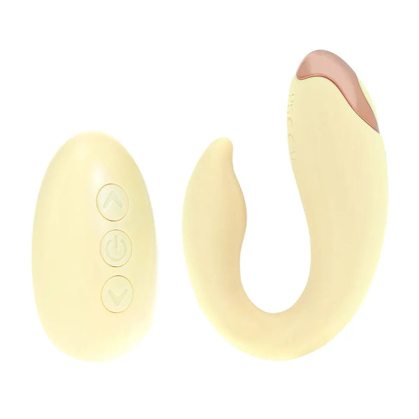 LoveLine Daydream AirTapTech Rechargeable Vibrator Yellow – Yellow, shown with remote control