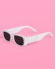 White marble sunglasses with embossed silver WIFEY logo on the temples