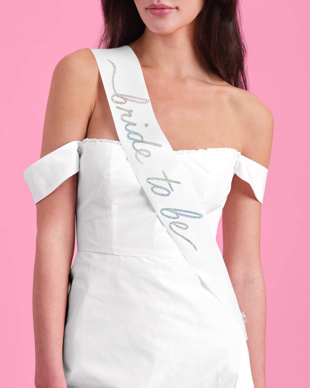 White satin bride to be sash with iridescent foil lettering
