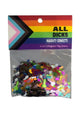 Clear bag of multicolor penis-shaped foil confetti under a Progress Pride flag All Dicks header card, front view