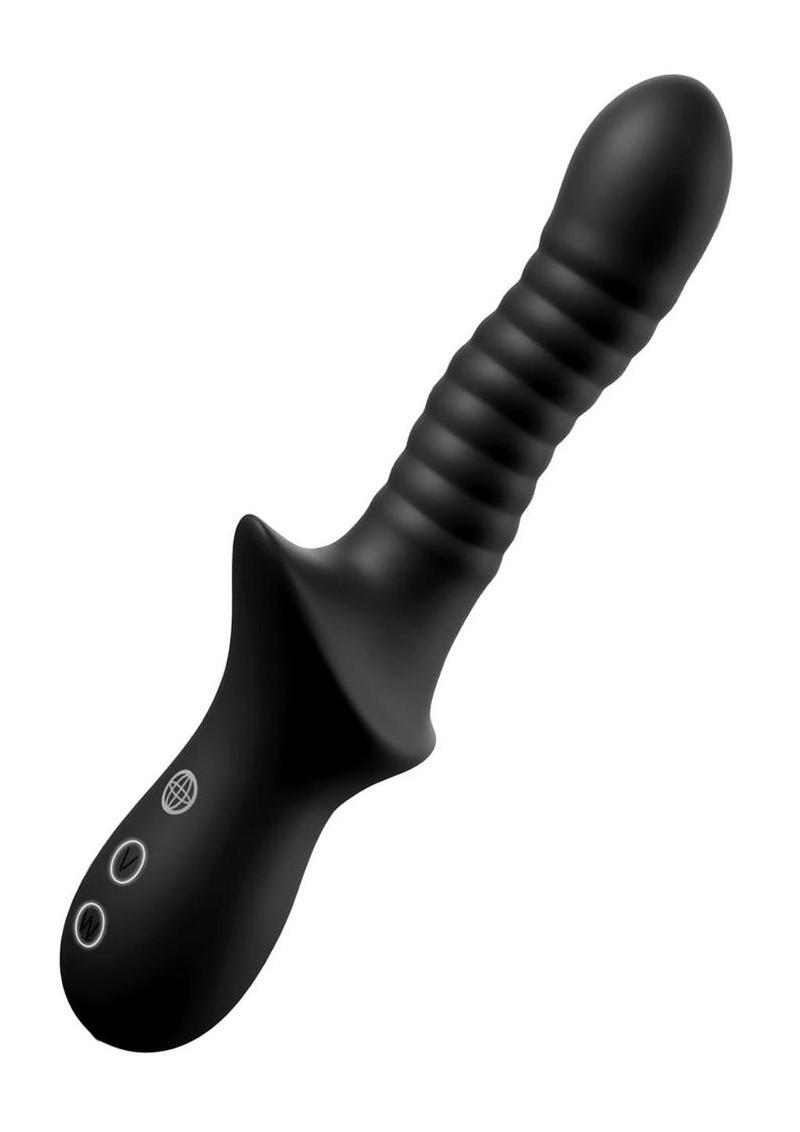 Black ribbed silicone anal massager, angled view