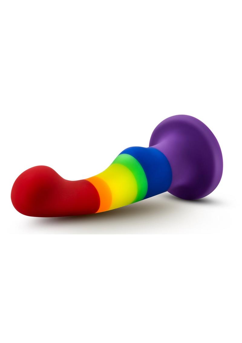 Avant Pride P1 Freedom Silicone Dildo in Rainbow, lying on its side