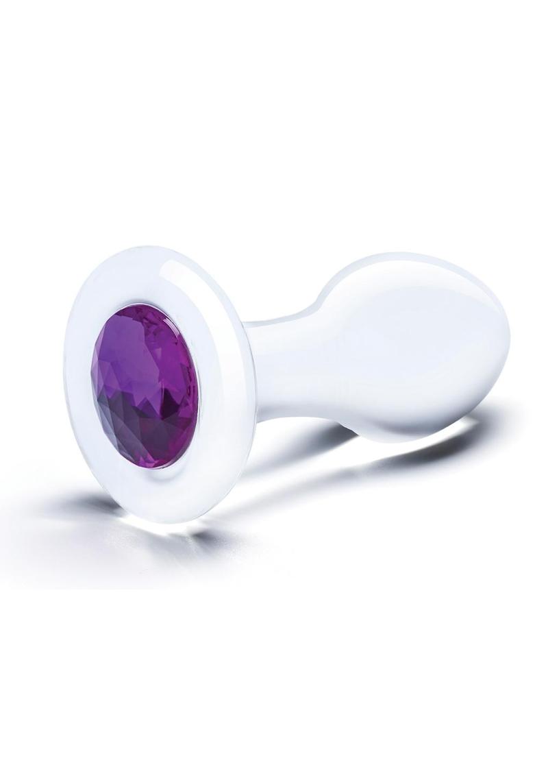 Clear glass butt plug, purple gem base view