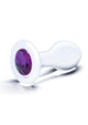 Clear glass butt plug, purple gem base view
