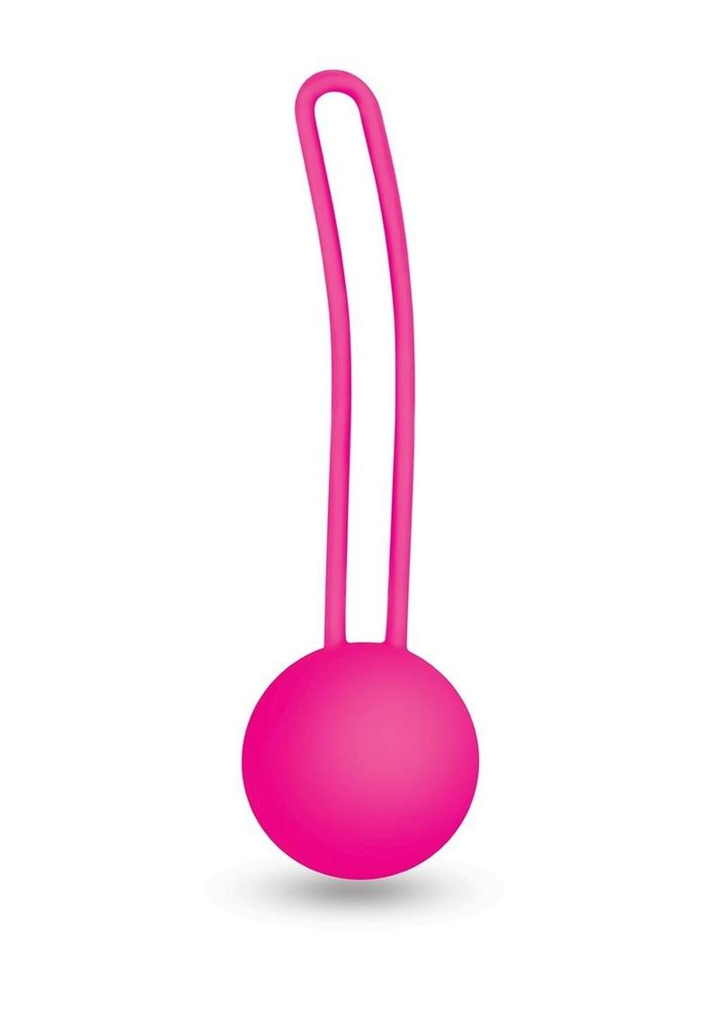 Pink single kegel ball with retrieval loop, upright view