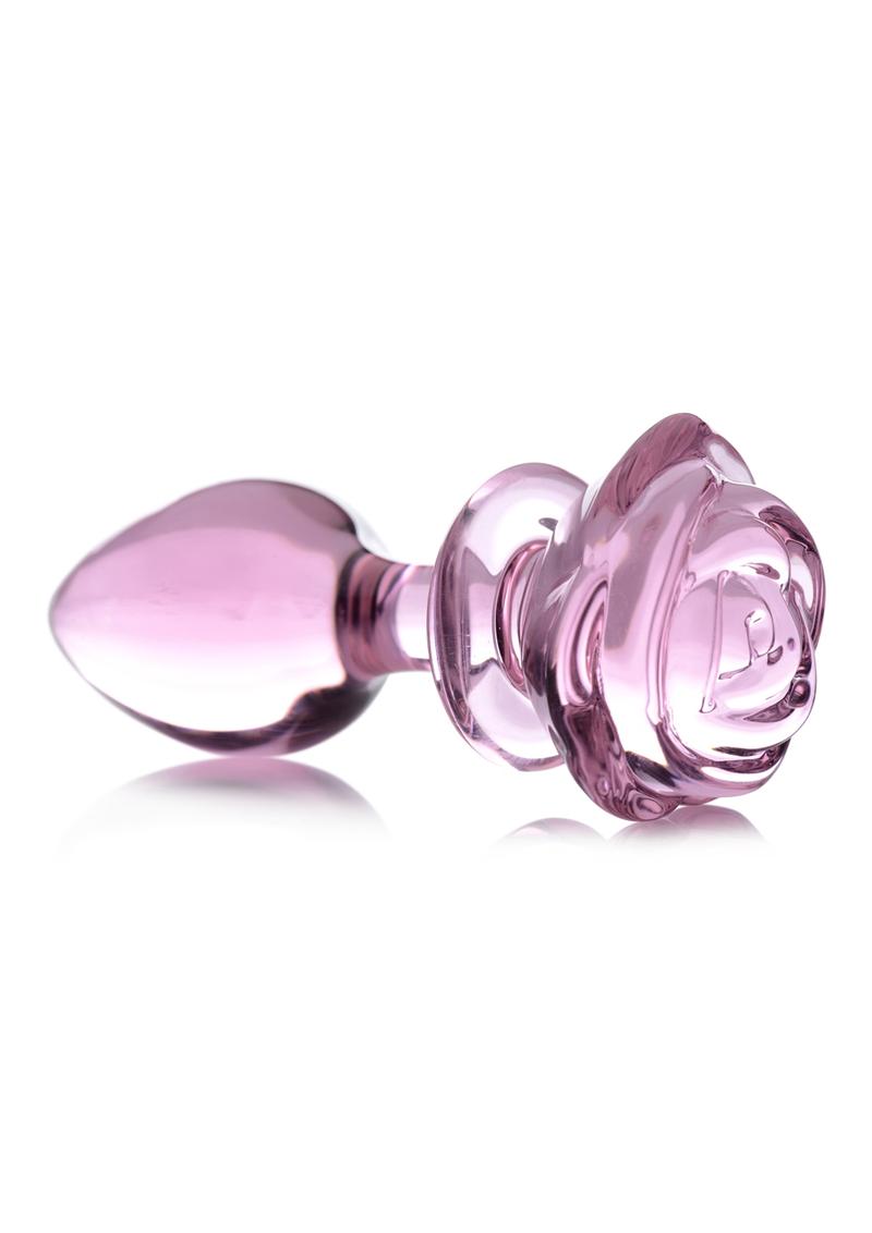 Pink glass rose butt plug, large, angled view