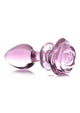 Pink glass rose butt plug, large, angled view